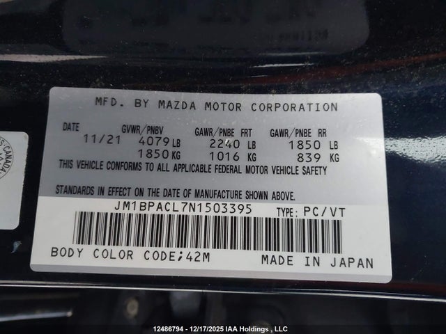 12486794 :رقم المزاد ، JM1BPACL7N1503395 vin ، 2022 Mazda Mazda3 مزاد بيع