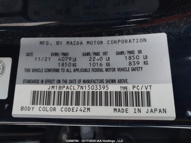 12486794 :رقم المزاد ، JM1BPACL7N1503395 vin ، 2022 Mazda Mazda3 مزاد بيع
