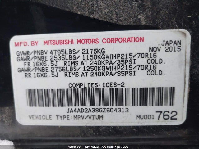 Продажа на аукционе авто 2016 Mitsubishi Outlander, vin: JA4AD2A38GZ604313, номер лота: 12486801