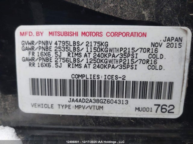 Продажа на аукционе авто 2016 Mitsubishi Outlander, vin: JA4AD2A38GZ604313, номер лота: 12486801