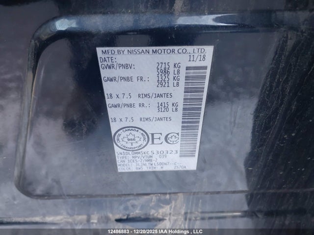 12486883 :رقم المزاد ، 5N1DL0MM5KC530323 vin ، 2019 Infiniti Qx60 Luxe/pure مزاد بيع