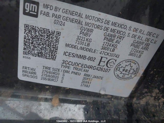 Auction sale of the 2024 Chevrolet Silverado 1500 Custom Trail Boss, vin: 3GCUDCED4RG426107, lot number: 12443002
