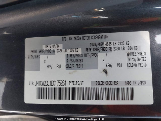 Aukcja sprzedaży 2014 Mazda Mazda5, vin: JM1CW2CL1E0175281, numer aukcji: 12486918