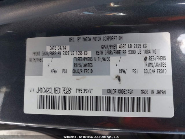 Aukcja sprzedaży 2014 Mazda Mazda5, vin: JM1CW2CL1E0175281, numer aukcji: 12486918