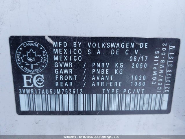 3VWR17AU5JM752612 Volkswagen Golf Sportwagen 1.8 Tsi Highline