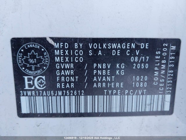 3VWR17AU5JM752612 Volkswagen Golf Sportwagen 1.8 Tsi Highline