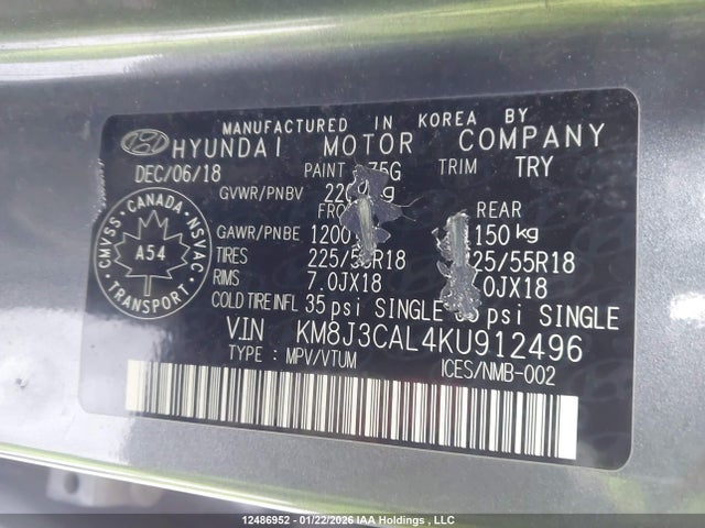 KM8J3CAL4KU912496 Hyundai Tucson Luxury