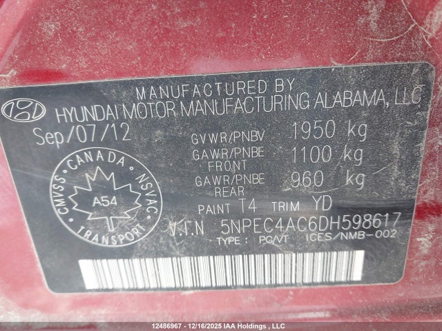 Продаж на аукціоні авто 2013 Hyundai Sonata Limited, vin: 5NPEC4AC6DH598617, номер лоту: 12486967