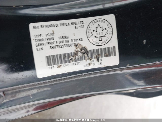 Aukcja sprzedaży 2002 Honda Civic Sir, vin: SHHEP33592U601713, numer aukcji: 12486980