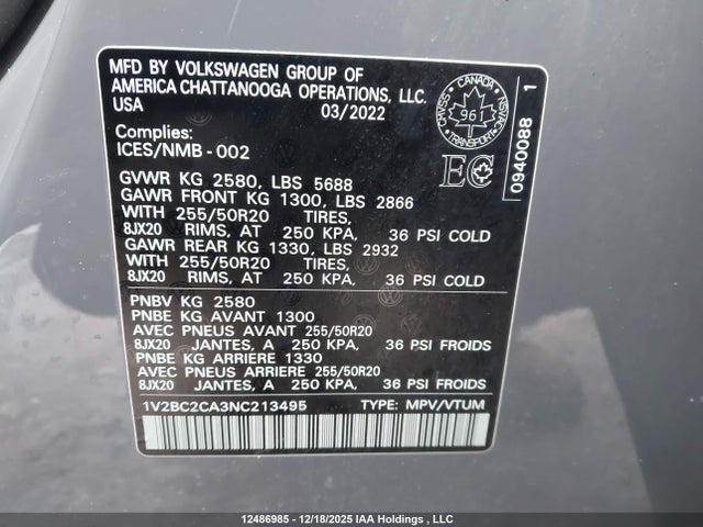 1V2BC2CA3NC213495 Volkswagen Atlas Cross Sport 2.0 Tsi Highline