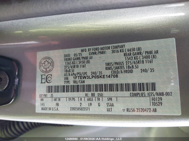 12486988 :رقم المزاد ، 1FTEW3LP0SKE14708 vin ، 2025 Ford F150 Xlt مزاد بيع