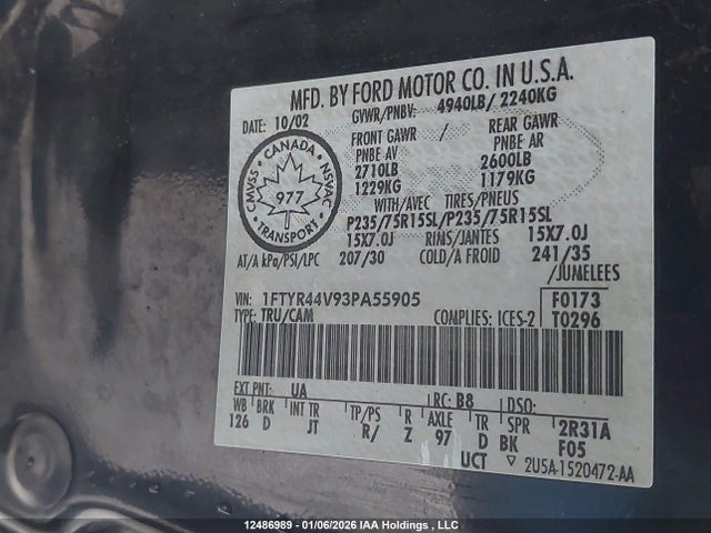 12486989 :رقم المزاد ، 1FTYR44V93PA55905 vin ، 2003 Ford Ranger Super Cab مزاد بيع