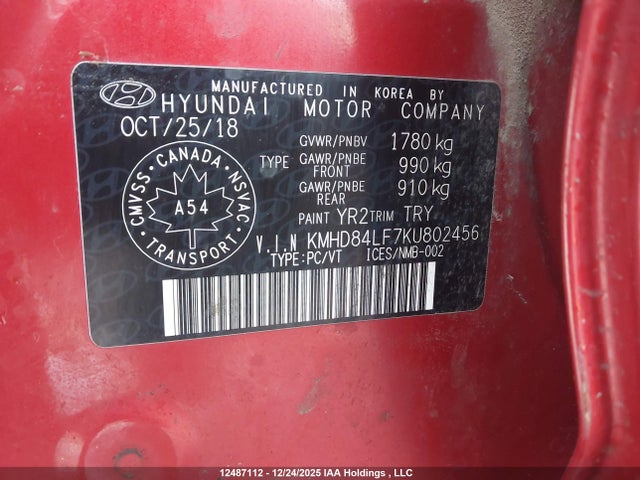 Продажа на аукционе авто 2019 Hyundai Elantra Preferred, vin: KMHD84LF7KU802456, номер лота: 12487112