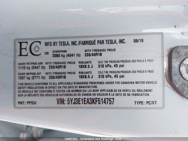Tesla Model 3 Long Range/mid Range/standard Range/standard Range Plus 2019 5YJ3E1EA3KF514757 Image 9