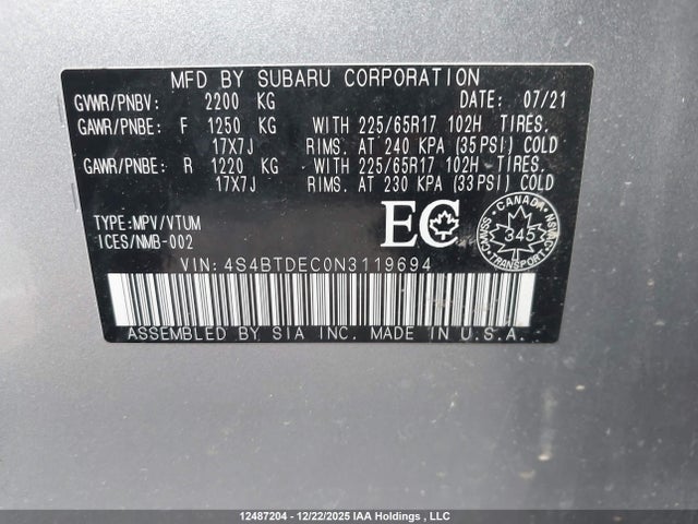 4S4BTDEC0N3119694 Subaru Outback Touring