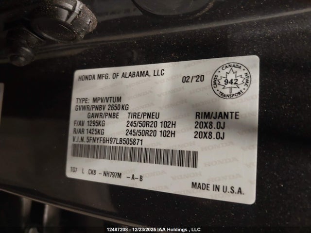 Honda Pilot Touring 2020 5FNYF6H97LB505871 Image 9
