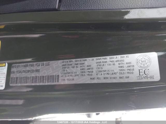 12487220 :رقم المزاد ، 1C6HJTAG9PL531968 vin ، 2023 Jeep Gladiator Willys مزاد بيع