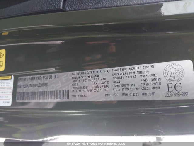 12487220 :رقم المزاد ، 1C6HJTAG9PL531968 vin ، 2023 Jeep Gladiator Willys مزاد بيع