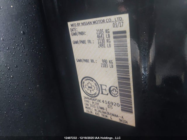12487232 :رقم المزاد ، 1N4AA6AP5HC416920 vin ، 2017 Nissan Maxima 3.5s/sv/sl/sr/plat مزاد بيع