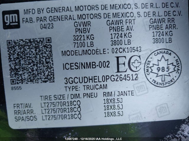 12487248 :رقم المزاد ، 3GCUDHEL0PG264512 vin ، 2023 Chevrolet Silverado 1500 Zr2 مزاد بيع