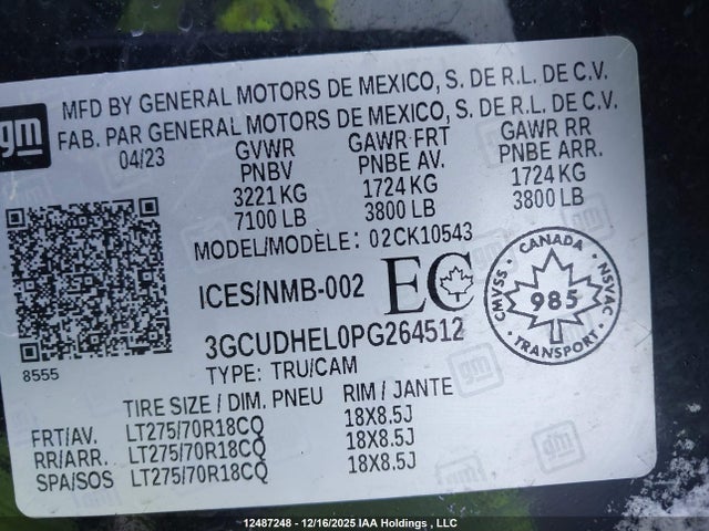 12487248 :رقم المزاد ، 3GCUDHEL0PG264512 vin ، 2023 Chevrolet Silverado 1500 Zr2 مزاد بيع