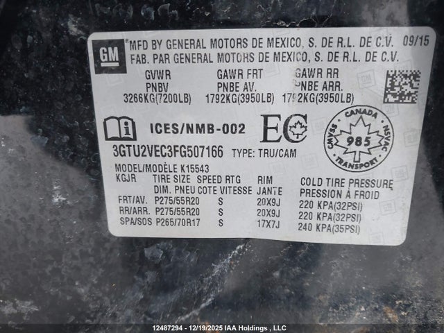Aukcja sprzedaży 2015 Gmc Sierra 1500 Slt, vin: 3GTU2VEC3FG507166, numer aukcji: 12487294