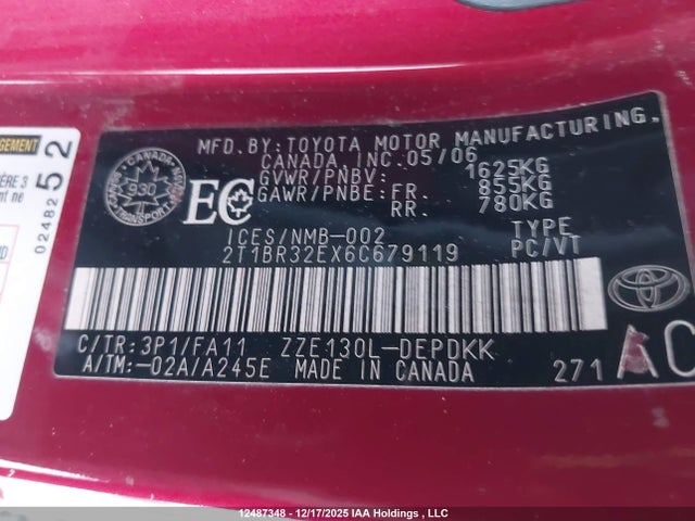 12487348 :رقم المزاد ، 2T1BR32EX6C679119 vin ، 2006 Toyota Corolla Ce/le/s مزاد بيع