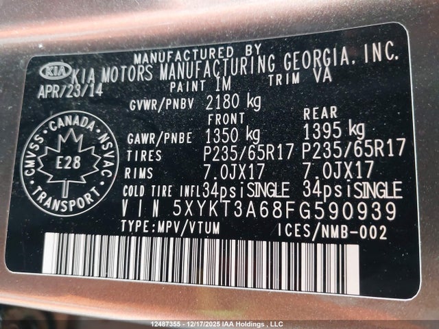 12487355 :رقم المزاد ، 5XYKT3A68FG590939 vin ، 2015 Kia Sorento Lx مزاد بيع