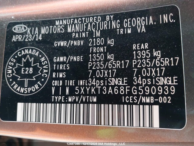 12487355 :رقم المزاد ، 5XYKT3A68FG590939 vin ، 2015 Kia Sorento Lx مزاد بيع