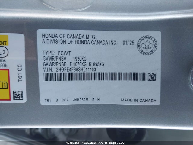 12487361 :رقم المزاد ، 2HGFE4F88SH011103 vin ، 2025 Honda Civic Hybrid Sport/sport Touring مزاد بيع