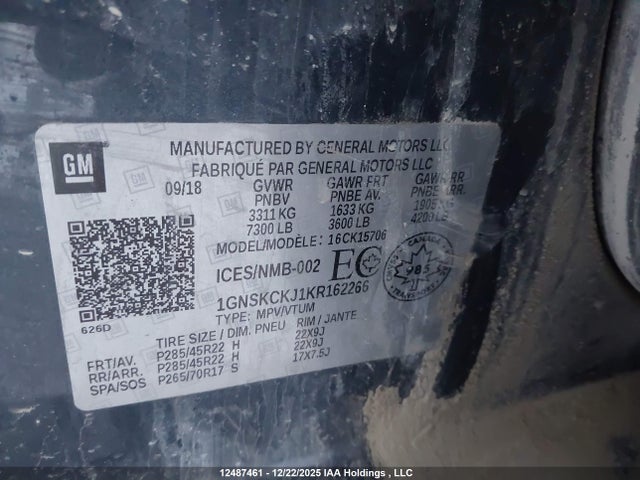 1GNSKCKJ1KR162266 Chevrolet Tahoe Premier