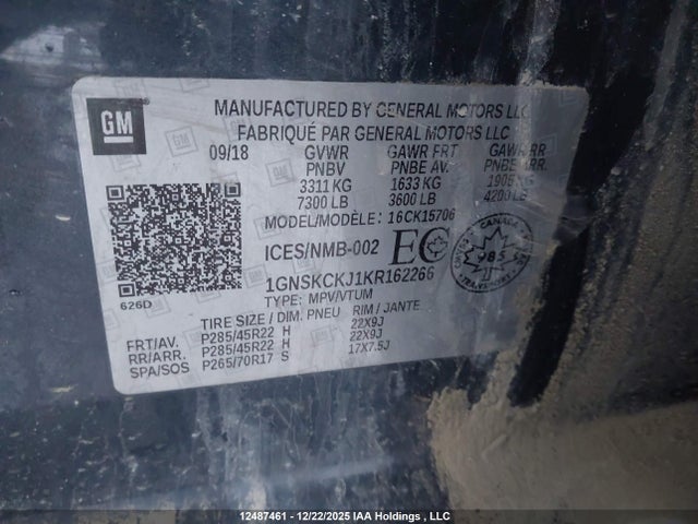 1GNSKCKJ1KR162266 Chevrolet Tahoe Premier