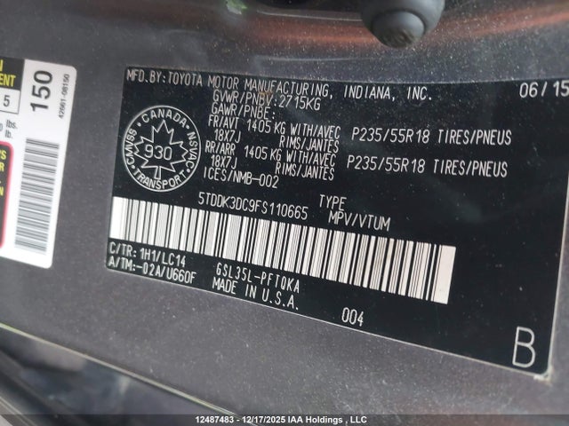 5TDDK3DC9FS110665 Toyota Sienna Xle/limited