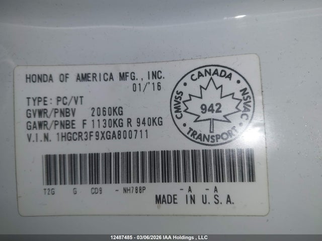 1HGCR3F9XGA800711 Honda Accord Touring