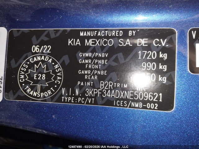 3KPF34ADXNE509621 KIA Forte Ex/ex Premium/ex+/gt-line