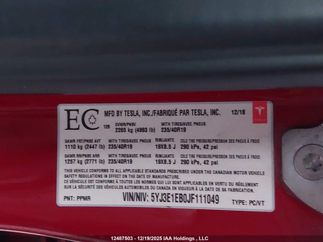 5YJ3E1EB0JF111049 Tesla MODEL 3