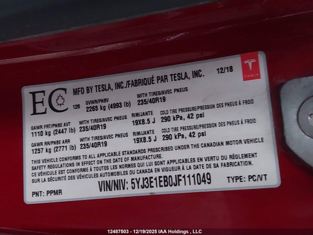 5YJ3E1EB0JF111049 Tesla MODEL 3