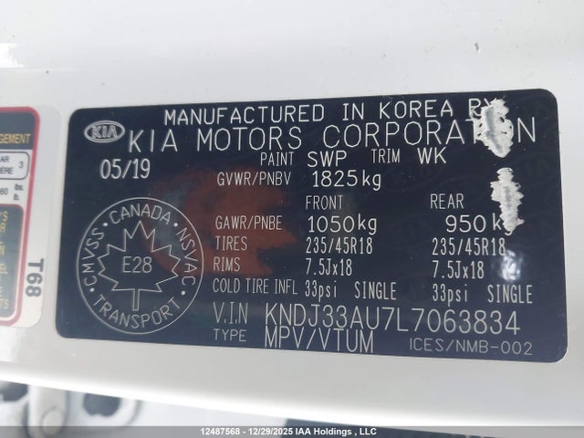 12487568 :رقم المزاد ، KNDJ33AU7L7063834 vin ، 2020 Kia Soul Ex مزاد بيع