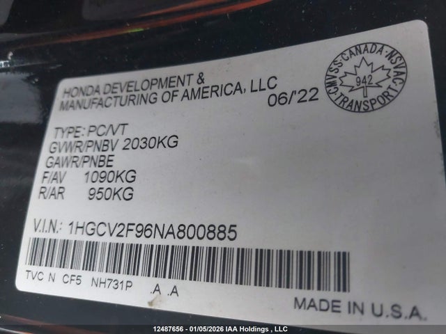 1HGCV2F96NA800885 Honda Accord