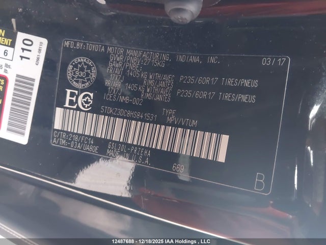 Aukcja sprzedaży 2017 Toyota Sienna Le, vin: 5TDKZ3DC8HS841531, numer aukcji: 12487688