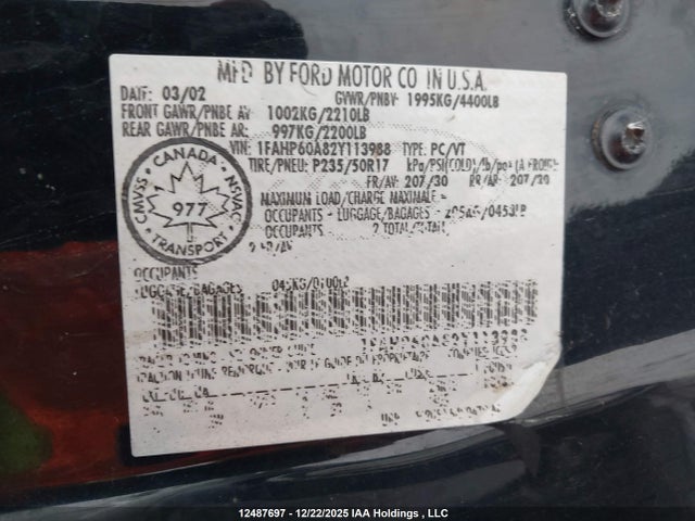 Aukcja sprzedaży 2002 Ford Thunderbird, vin: 1FAHP60A82Y113988, numer aukcji: 12487697
