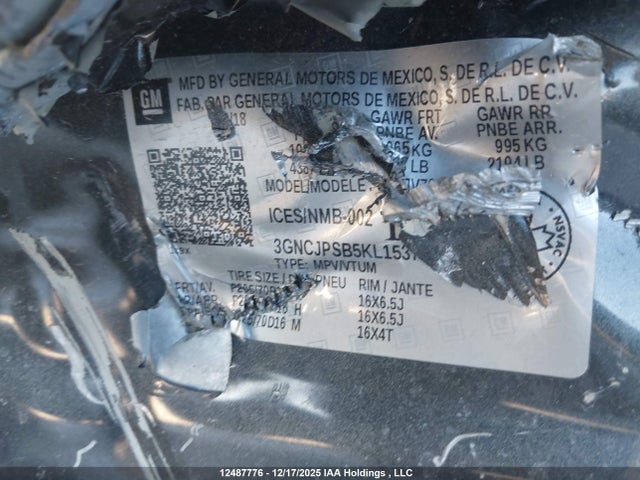 Продаж на аукціоні авто 2019 Chevrolet Trax Lt, vin: 3GNCJPSB5KL153763, номер лоту: 12487776