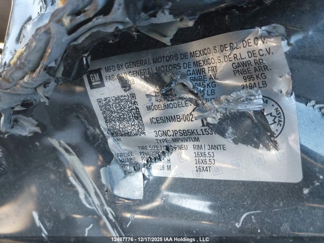Продаж на аукціоні авто 2019 Chevrolet Trax Lt, vin: 3GNCJPSB5KL153763, номер лоту: 12487776