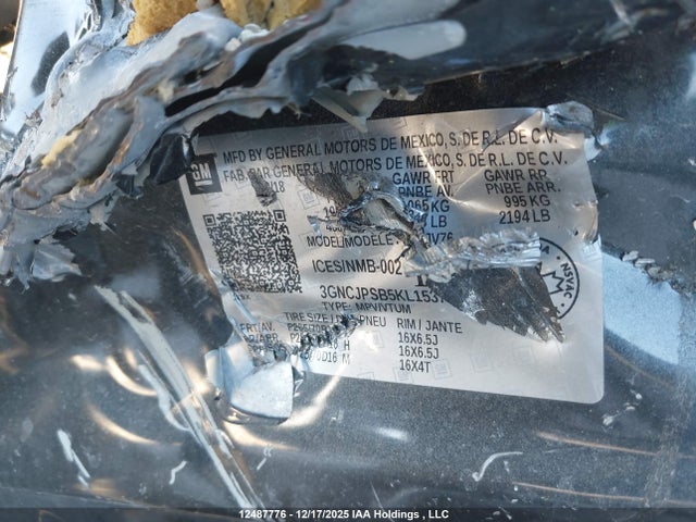Продаж на аукціоні авто 2019 Chevrolet Trax Lt, vin: 3GNCJPSB5KL153763, номер лоту: 12487776