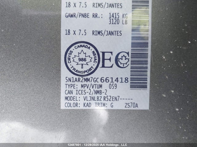 5N1AR2MM7GC661418 Nissan Pathfinder Platinum/s/sl/sv