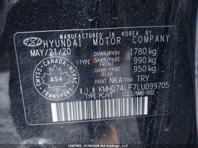 12487853 :رقم المزاد ، KMHD74LF7LU099705 vin ، 2020 Hyundai Elantra Essential Auto Ivt مزاد بيع