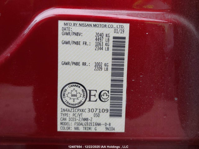 1N4AZ1CPXKC307109 Nissan Leaf S/sl/sv