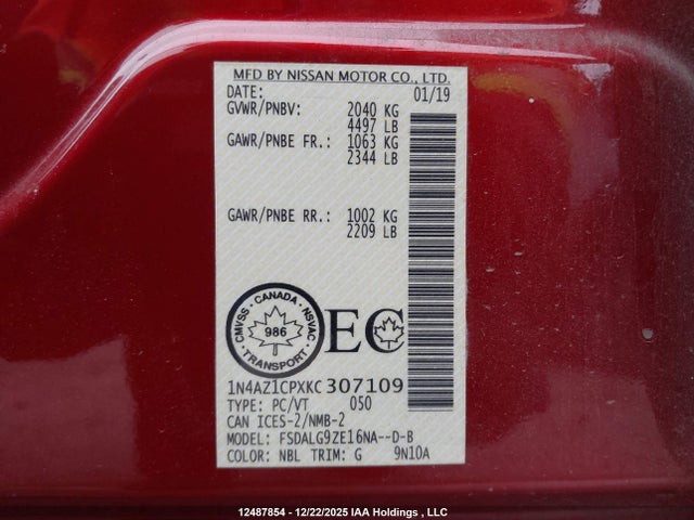 1N4AZ1CPXKC307109 Nissan Leaf S/sl/sv