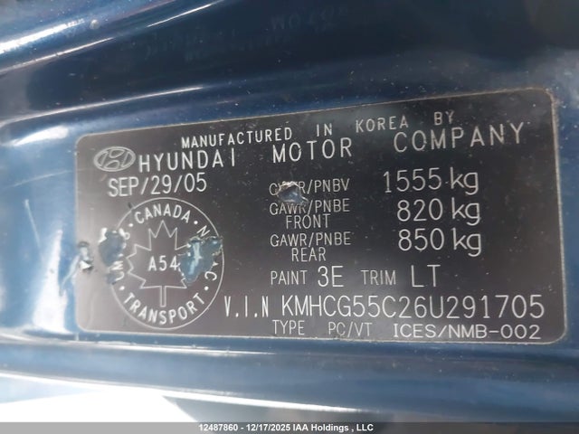 Aukcja sprzedaży 2006 Hyundai Accent, vin: KMHCG55C26U291705, numer aukcji: 12487860