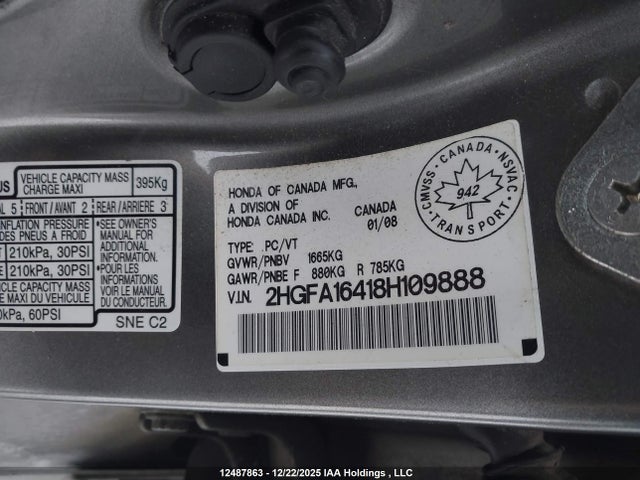 Продаж на аукціоні авто 2008 Honda Civic Dx-g, vin: 2HGFA16418H109888, номер лоту: 12487863